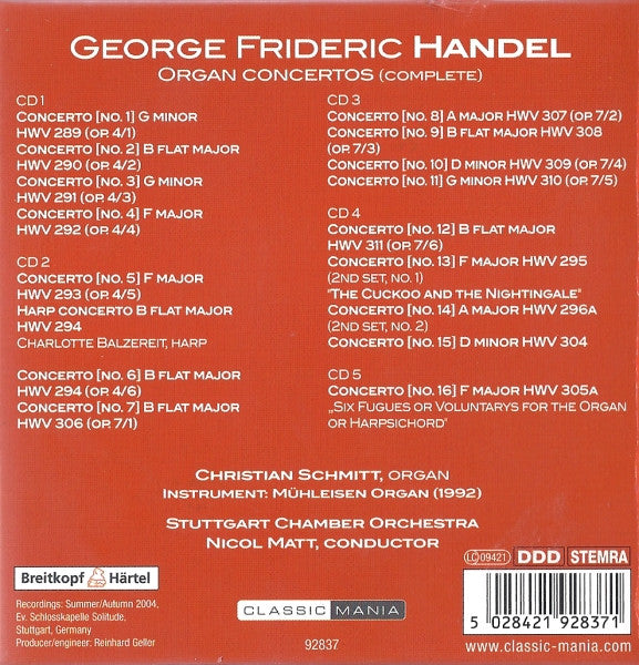 Georg Friedrich Händel / Christian Schmitt (2), Stuttgarter Kammerorchester, Nicol Matt : Organ Concertos (5xCD + Box)