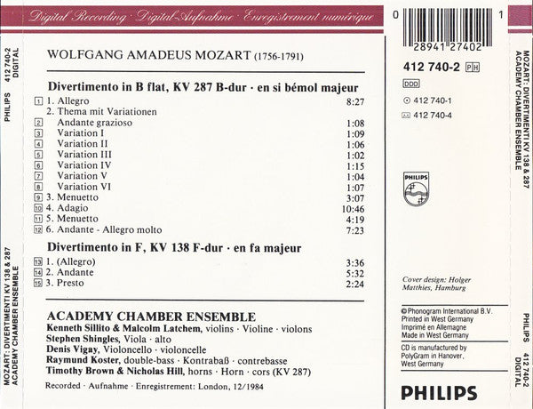 Wolfgang Amadeus Mozart - Academy Of St. Martin-in-the-Fields Chamber Ensemble : Divertimenti KV 138 & KV 287 (CD, Album)