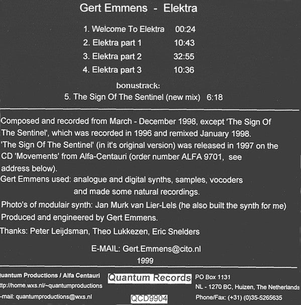 Gert Emmens : Elektra (CDr, Album)