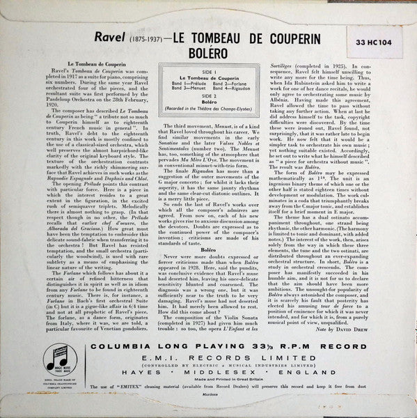 Maurice Ravel, André Cluytens : Le Tombeau De Couperin - Bolero (10", Mono)