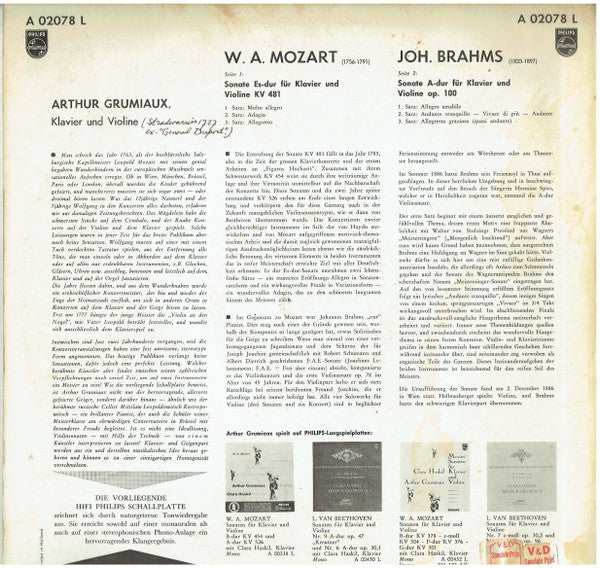 Arthur Grumiaux, Wolfgang Amadeus Mozart, Johannes Brahms : Grumiaux Musiziert Mit Grumiaux (LP, Album, Mono)