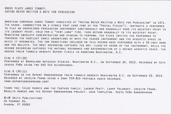 Rrose Plays James Tenney : Having Never Written A Note For Percussion (LP, Album, Ltd)