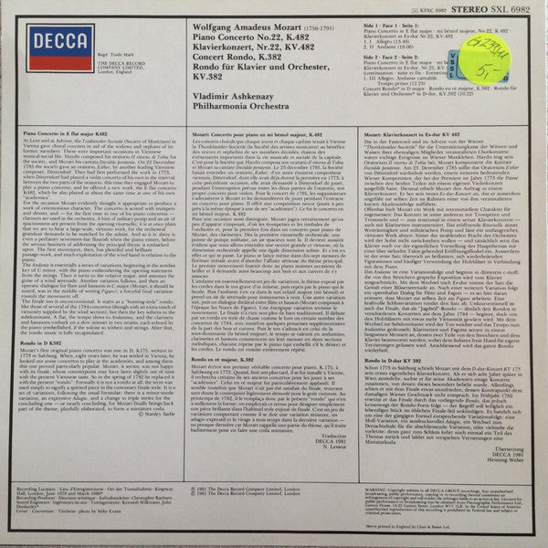 Wolfgang Amadeus Mozart - Vladimir Ashkenazy, Philharmonia Orchestra : Piano Concerto No.22, K.482 / Concert Rondo K.382 (LP)