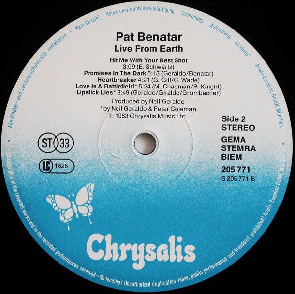 Pat Benatar : Live From Earth (LP, Album)