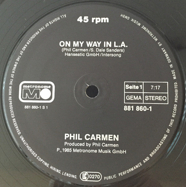 Phil Carmen : On My Way In L.A. (Extended Club•Mix) (12", Maxi)