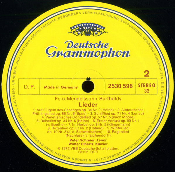 Felix Mendelssohn-Bartholdy - Peter Schreier, Walter Olbertz : Lieder (LP)