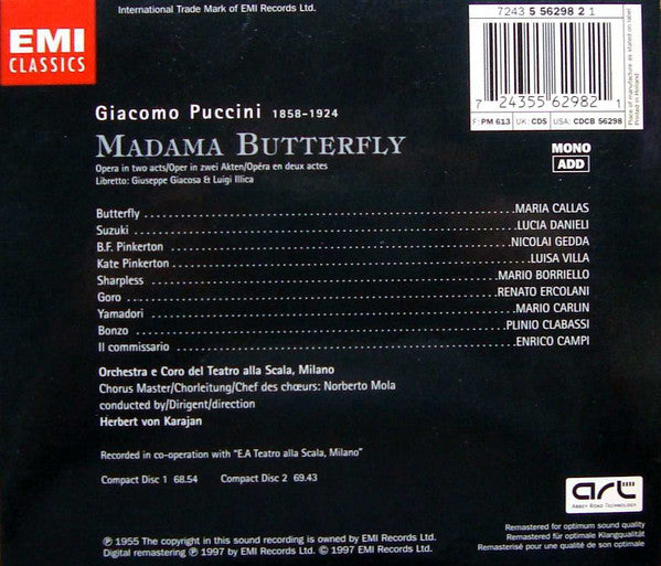 Giacomo Puccini / Maria Callas, Lucia Danieli, Nicolai Gedda, Mario Borriello, Orchestra Del Teatro Alla Scala E Coro Del Teatro Alla Scala, Herbert Von Karajan : Madama Butterfly (2xCD, Album, Mono, RE, RM + Box, Sli)