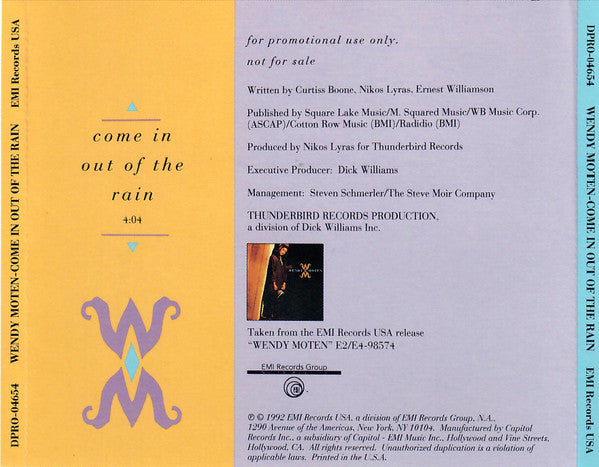 Wendy Moten : Come In Out Of The Rain (CD, Single, Promo)