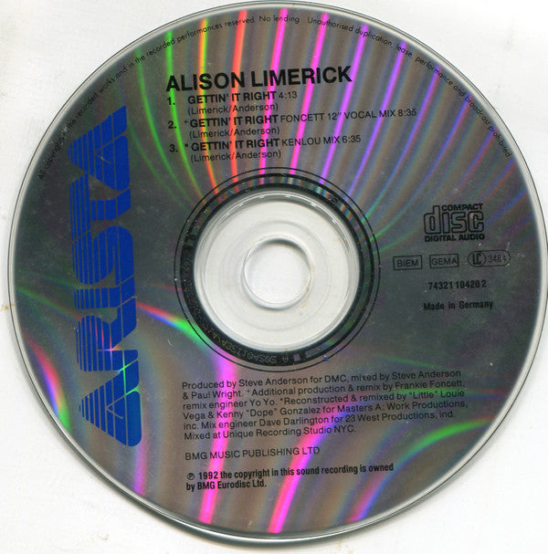 Alison Limerick : Gettin' It Right (CD, Single)
