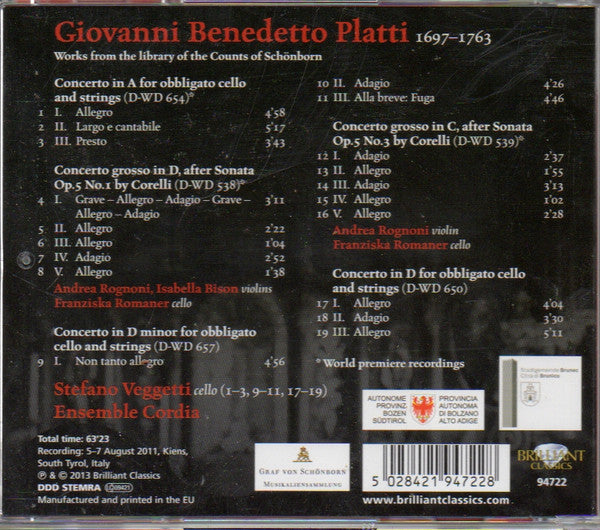 Giovanni Benedetto Platti, Stefano Veggetti, Ensemble Cordia : Cello Concertos (CD)