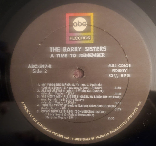 The Barry Sisters : A Time To Remember (LP, Album, Mono)