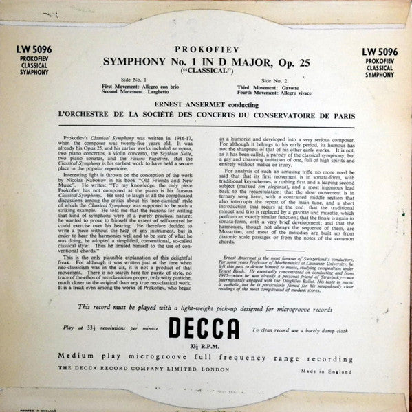 Orchestre De La Société Des Concerts Du Conservatoire, Ernest Ansermet, Sergei Prokofiev : Symphony No. 1 "Classical" Op. 25 (10", Mono)