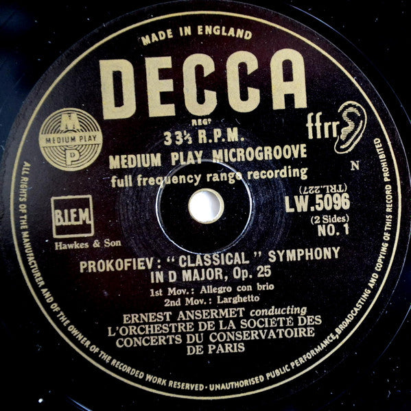 Orchestre De La Société Des Concerts Du Conservatoire, Ernest Ansermet, Sergei Prokofiev : Symphony No. 1 "Classical" Op. 25 (10", Mono)