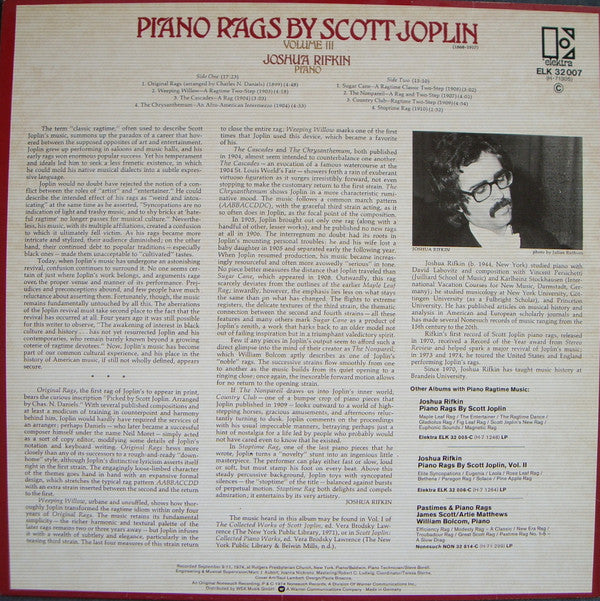 Scott Joplin, Joshua Rifkin : Piano Rags - Volume III (LP)