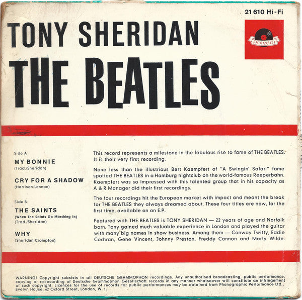 Tony Sheridan With The Beatles : My Bonnie (7", EP, Mono)