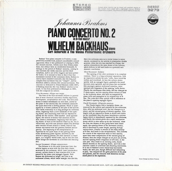 Johannes Brahms, Wilhelm Backhaus, Carl Schuricht & Wiener Philharmoniker : Piano Concerto No. 2 (LP, Album)
