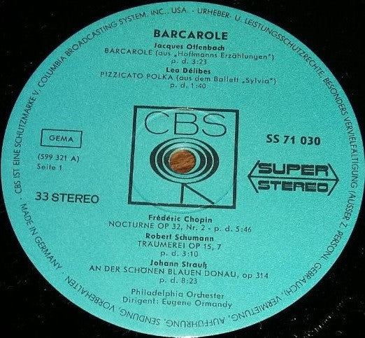 Eugene Ormandy, The Philadelphia Orchestra : Barcarole (LP, Comp)