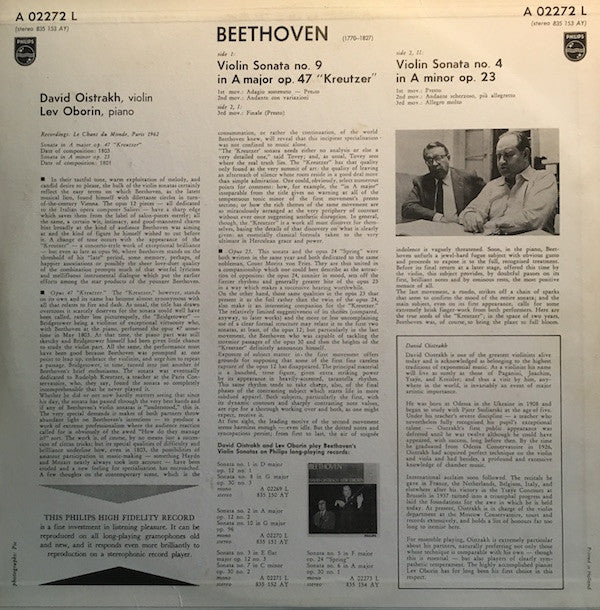 Ludwig van Beethoven, David Oistrach, Lev Oborin : Violin Sonatas No. 9 In A, No. 4 In A (LP)