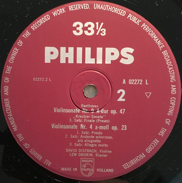 Ludwig van Beethoven, David Oistrach, Lev Oborin : Violin Sonatas No. 9 In A, No. 4 In A (LP)