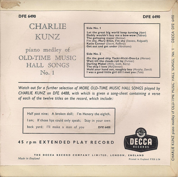 Charlie Kunz : Old Time Music Hall Songs No. 1 (7", EP)