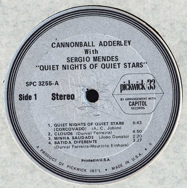 Cannonball Adderley With Sérgio Mendes : Quiet Nights Of Quiet Stars (LP, Album, RE)