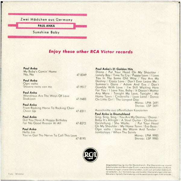 Paul Anka : Zwei Mädchen Aus Germany (7", Single)
