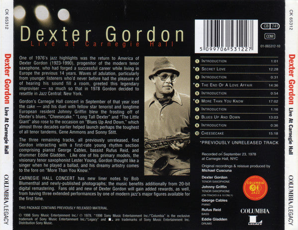 Dexter Gordon : Live At Carnegie Hall (CD, Album, RM)