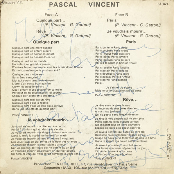 Pascal Vincent (3) : Je Voudrais Mourir (7", EP)