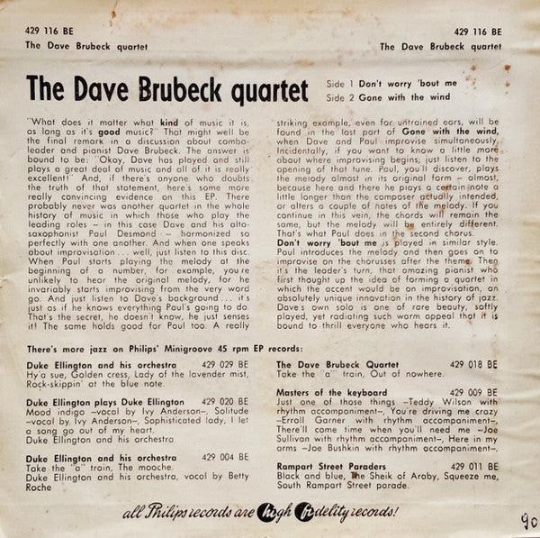 The Dave Brubeck Quartet : Don't Worry 'Bout Me / Gone With The Wind (7", EP)