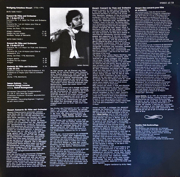 Wolfgang Amadeus Mozart - James Galway, Festival Strings Lucerne, Rudolf Baumgartner : Die Flôtenkonzerte KV 313/314 + Andante, KV 315  (LP, Club)
