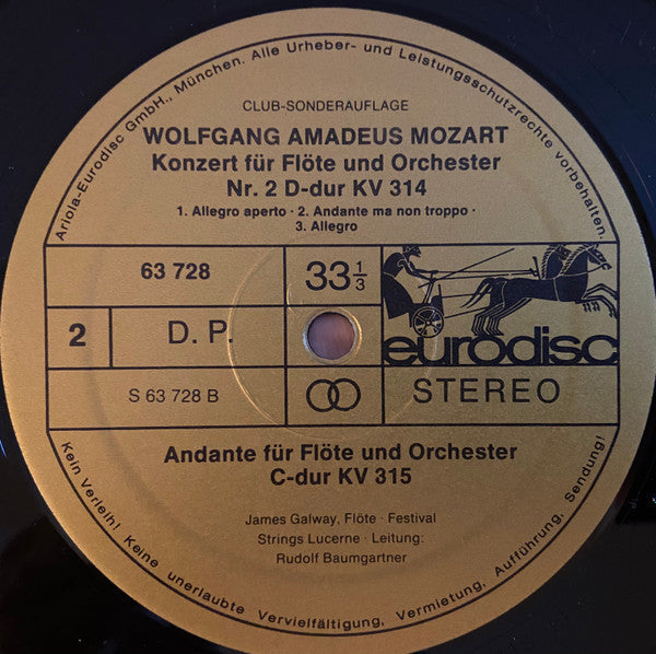 Wolfgang Amadeus Mozart - James Galway, Festival Strings Lucerne, Rudolf Baumgartner : Die Flôtenkonzerte KV 313/314 + Andante, KV 315  (LP, Club)