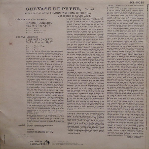 Carl Maria von Weber / Louis Spohr - Gervase de Peyer / London Symphony Orchestra / Sir Colin Davis : Clarinet And Orchestra - Two Romantic Concertos (LP, RP)