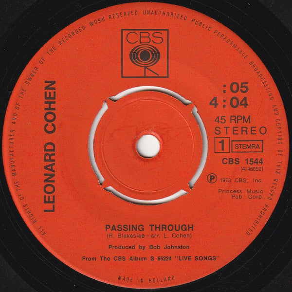 Leonard Cohen : Passing Through / Nancy (7", Single)