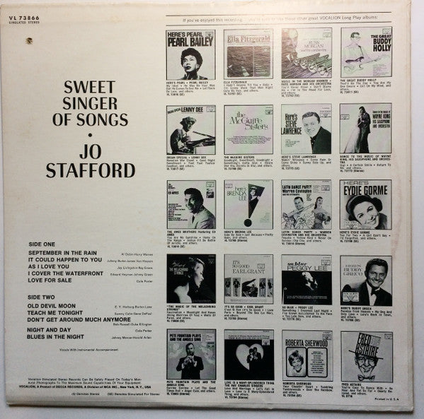 Jo Stafford : Sweet Singer Of Songs (LP, Album, Comp, Sim)