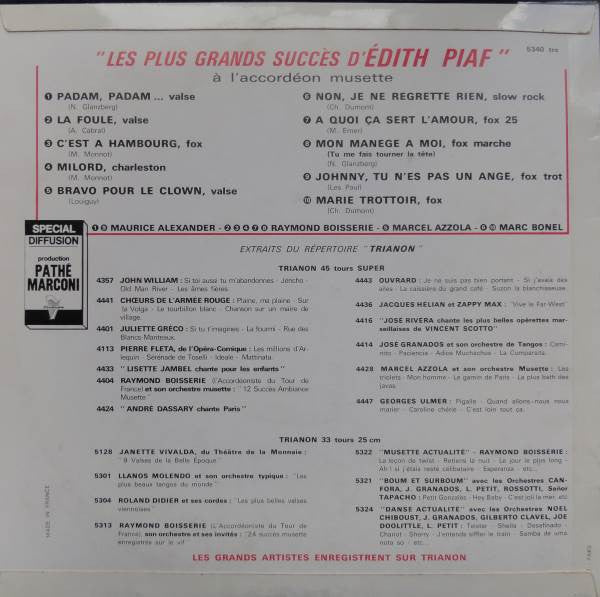 Various : 10 Grands Succès D'Edith Piaf A L'Accordéon Musette (10", Comp)