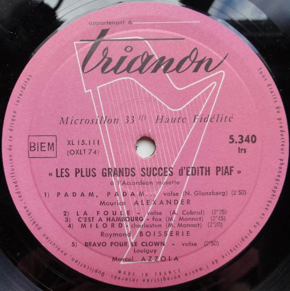 Various : 10 Grands Succès D'Edith Piaf A L'Accordéon Musette (10", Comp)