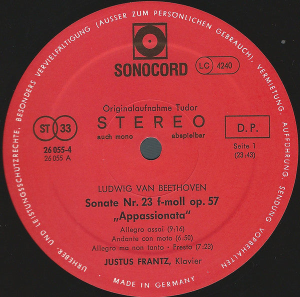 Ludwig van Beethoven, Justus Frantz : Klaviersonate Nr. 23 F-moll Op. 57 „Appassionata“ / Klaviersonate Nr. 12 As-dur Op. 26 Mit Dem Trauermarsch (LP, Club, S/Edition)