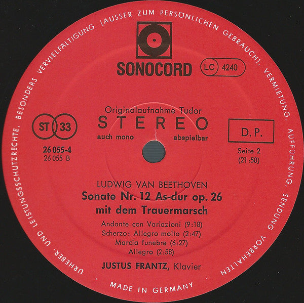 Ludwig van Beethoven, Justus Frantz : Klaviersonate Nr. 23 F-moll Op. 57 „Appassionata“ / Klaviersonate Nr. 12 As-dur Op. 26 Mit Dem Trauermarsch (LP, Club, S/Edition)