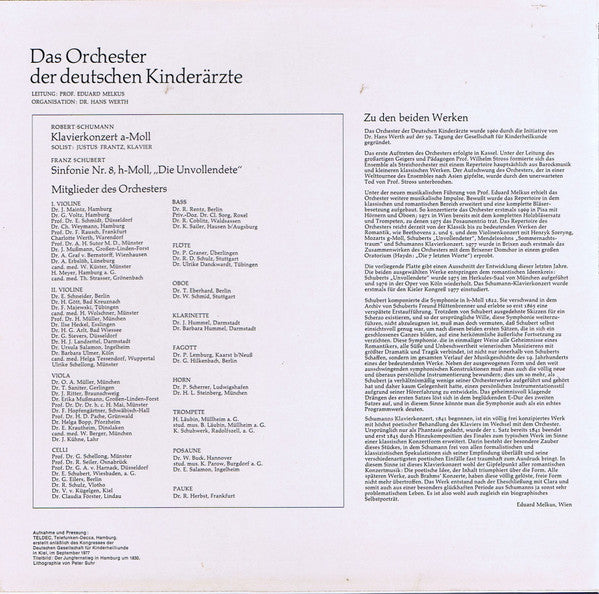 Orchester Der Deutschen Kinderärzte, Justus Frantz, Eduard Melkus : Schumann: Klavierkonzert A-Moll / Schubert: Sinfonie Nr. 8 H-Moll "Die Unvollendete" (LP, S/Edition)