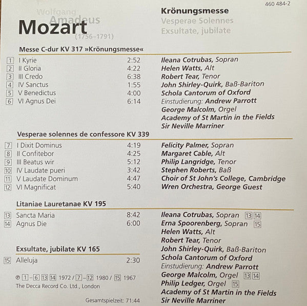 Wolfgang Amadeus Mozart : Krönungsmesse; Vesperae Solennes; Exsultate, Jubilate (CD, Comp, RE)