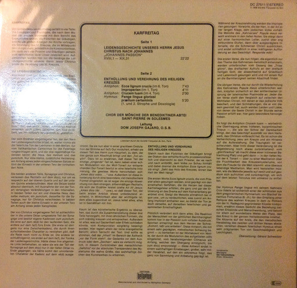 Chœur Des Moines De L'Abbaye Saint-Pierre De Solesmes Leitung Dom Joseph Gajard : Karfreitag (LP, RE)