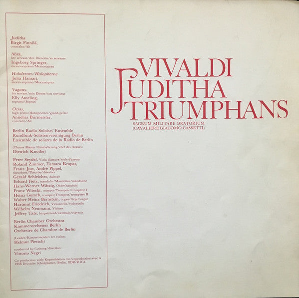 Antonio Vivaldi - Birgit Finnilä, Elly Ameling, Ingeborg Springer, Julia Hamari, Annelies Burmeister, Kammerorchester Berlin, Vittorio Negri : Juditha Triumphans (3xLP)