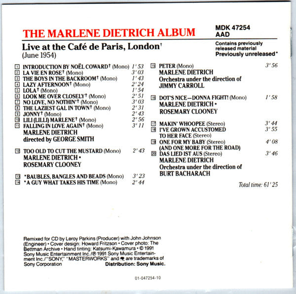 Marlene Dietrich : Live At The Cafe De Paris (CD, Album)