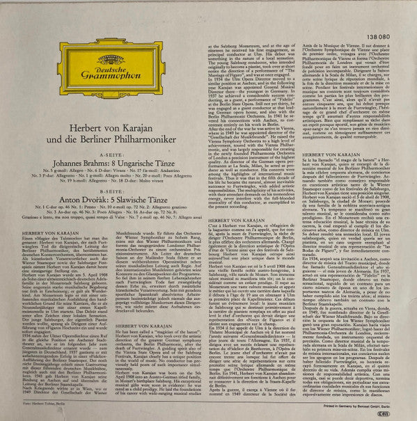 Johannes Brahms & Antonín Dvořák, Berliner Philharmoniker / Herbert Von Karajan : Dances By Brahms & Dvořák (LP, RP)