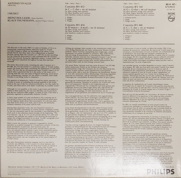 Antonio Vivaldi - I Musici, Heinz Holliger, Klaus Thunemann : 3 Concerti Per Oboe RV 446, 452, 454 / Concerto Per Oboe & Fagotto RV 545 (LP)