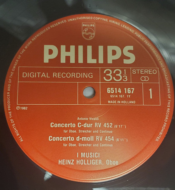 Antonio Vivaldi - I Musici, Heinz Holliger, Klaus Thunemann : 3 Concerti Per Oboe RV 446, 452, 454 / Concerto Per Oboe & Fagotto RV 545 (LP)