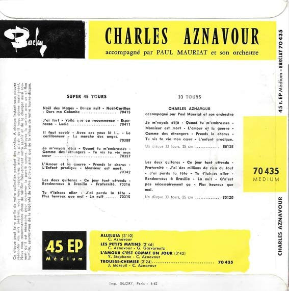 Charles Aznavour Accompagné Par Paul Mauriat And His Orchestra : Alleluia (7", EP, RP)