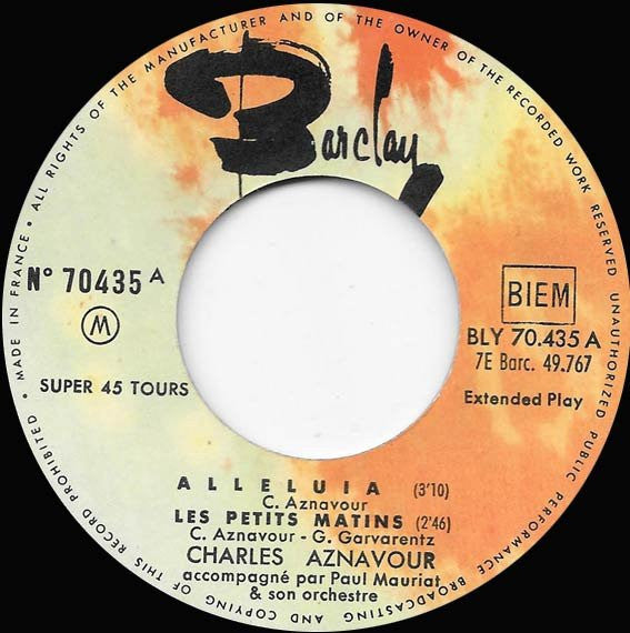 Charles Aznavour Accompagné Par Paul Mauriat And His Orchestra : Alleluia (7", EP, RP)