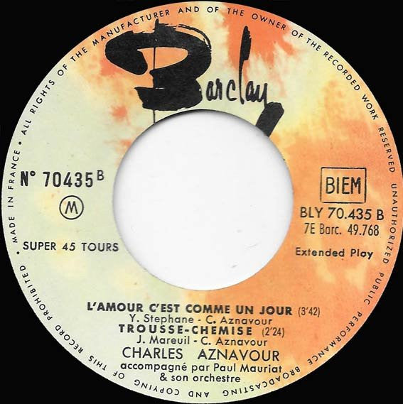 Charles Aznavour Accompagné Par Paul Mauriat And His Orchestra : Alleluia (7", EP, RP)