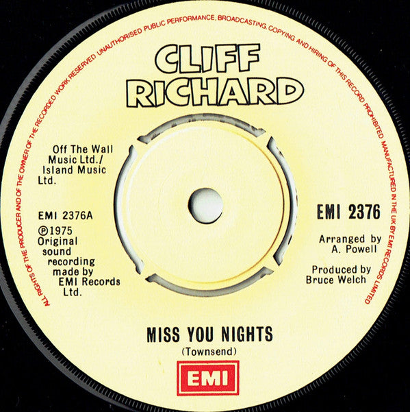Cliff Richard : Miss You Nights (7", Single, RE, Cre)